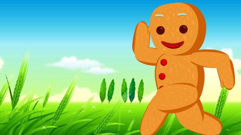 Cartoon image of a gingerbread man running. 