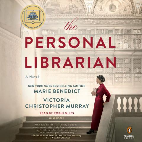 Image of book cover of The Personal Librarian A Novel by New York Times Bestselling Author Marie Benedict picturing red text over a faded image of a library with a woman in a red dress holding books standing below the words.