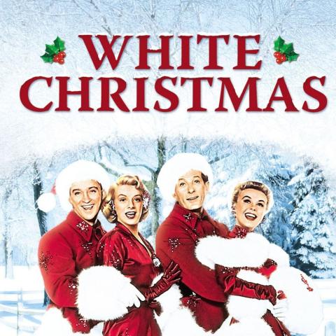 Image of the movie cover. White Christmas spelled out and the four main characters dressed in red with Santa hats. 