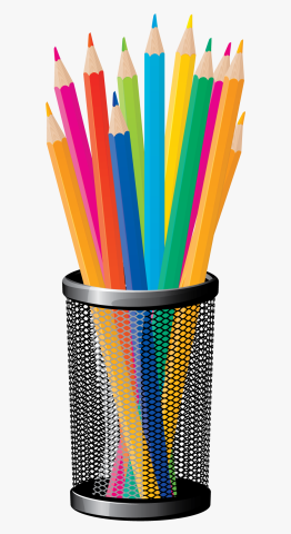 clip art image of a metal pencil holder filled with sharpened colored pencils.