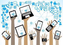Posterized image of hands holding up miscellaneous devices such as laptops, tablets, and cell phones 