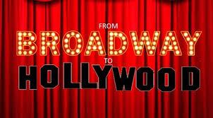 Image of red theater stage curtains with the words Broadway to Hollywood  spelled out. The word Broadway is spelled out in lightbulbs and Hollywood in big black block letters. 