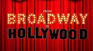 Image of red theater stage curtains with the words Broadway to Hollywood  spelled out. The word Broadway is spelled out in lightbulbs and Hollywood in big black block letters. 