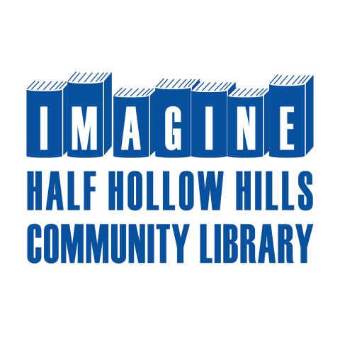 Half Hollow Hills Community Library Logo. Image of a set of books with a letter on each spine of the book to spell out "Imagine" with the Library name written in Blue below it. 