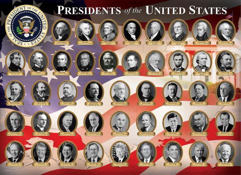 Image of a chart with all the pictures of the presidents of the United States from George Washington to Joe Biden.