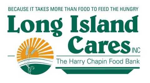 Long Island Cares Logo featuring the words of Because it takes more than food to feed the hungry Long Island Cares Inc. The Harry Chapin Food Bank. There is a clipart design that looks like the sun rising over a hill with 2 grains of wheat moving in the wind.  