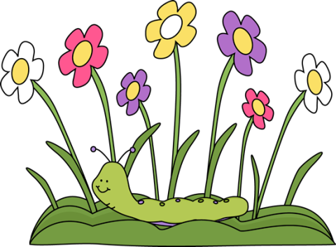 Clipart picture of simple colorful flowers growing out of the grass and a little green caterpillar at their base. 