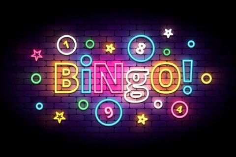 The word "BINGO" spelled out in bright lights.