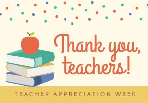 Clipart picture of a stack of books with a red apple sitting on top of the books. The words "Thank you, teachers" spelled out on the side. 