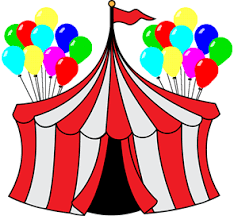 Clipart picture of a red and white circus tent with multi colored balloons.