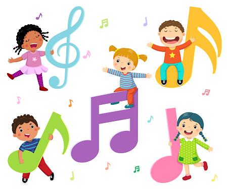 clipart image of children holding, sitting on and dancing around big musical notes. 