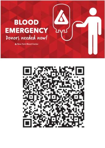 Image of a stick figure with an IV with the words "Blood Emergency, donors needed now" spelled out. QR code below for people to register for the drive.  