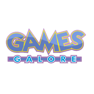 image of a blank background withe blue text reading "Games Galore" on top of it with a purple outline around the letters.
