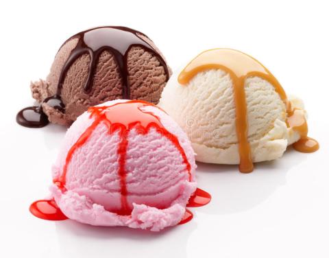 Image of three ice cream scoops, one strawberry with strawberry syrup in front, one vanilla with caramel syrup beside it, and a chocolate scoop with chocolate syrup in the back over a white background.