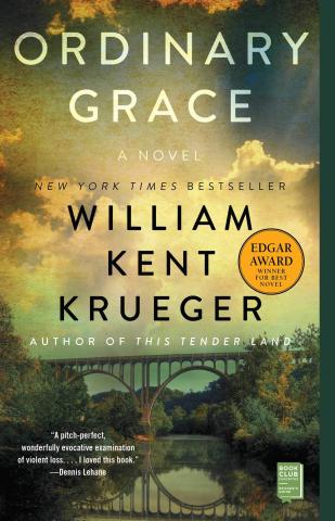 Image of the Book Cover of Ordinary Grace by William Kent Krueger featuring a scene of a bridge over water with clouds in the sky.