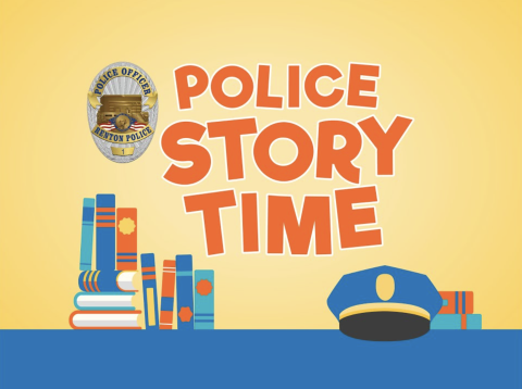 blue and yellow background with clipart-style books and an officer hat at the bottom. A police badge is on the left. In front, orange text reads "Police Story Time" in capitals and bolded with a white outline.