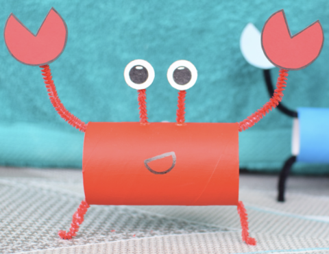 image of a crab made out of a red toilet paper roll as a body, red pipe cleaners as arms and legs, and drawn on claws, mouth, and eyes attached to said pipe cleaners. The background is blue.