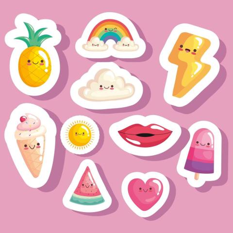 image of different kawaii-style fruits, foods, clouds, and rainbows atop a pink background.