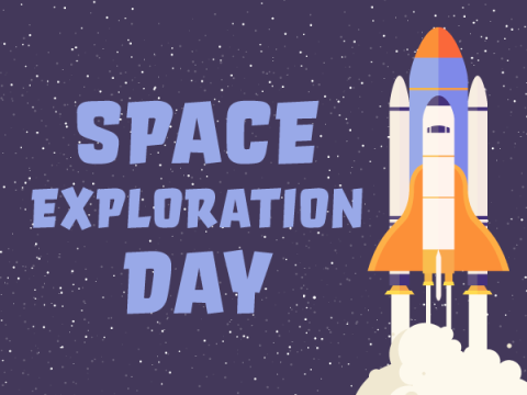 Image of a clipart spaceship flying upward on a starry background, blue words beside it reading "Space Exploration Day" in bold capital letters.