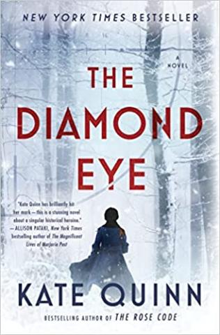 Image of the book cover, The Diamond Eye featuring a silhouette of a woman walking in a snowy wood. 