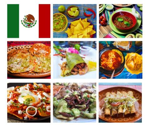 Image of 8 traditional Mexican foods in a grid formation, the Mexican flag at the top left. Dishes include enchiladas, nachos, etc.