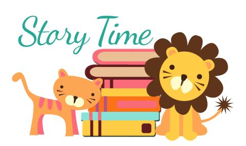 Clip art picture of a cute lion and a cat standing in front of a stack of books. 