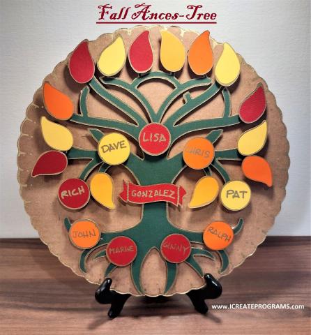 picture of the craft showing painted branches with leaves that have names written in them representing family members. 