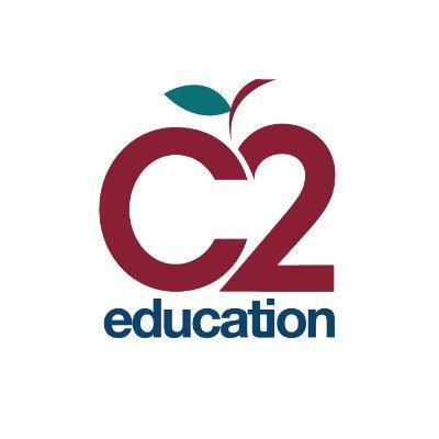 C2 education logo, C2 is written in red with an apple stem sprouting between where the top of the c meets the 2, and the words education are beneath it in cyan, and then the words "be smarter" are even smaller beneath it in red.
