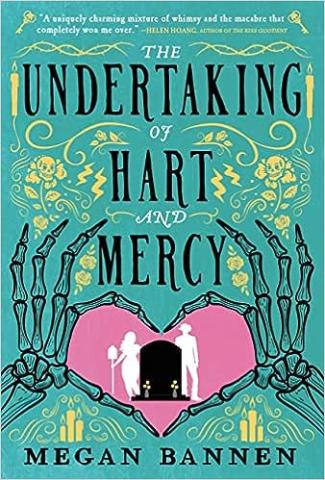 Image of the Book Cover featuring skeleton hands holding a pink heart with a silhouette of a grave stone and a male and female holding a shovel.