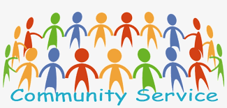 image of multicolored figures holding hands in a circle above light blue words reading "community service"