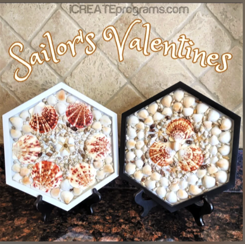 Image of the craft featuring an decorative box frame with shells arranged and glued in place to create a mosaic pattern.