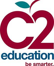 C2 education logo, C2 is written in red with an apple stem sprouting between where the top of the c meets the 2, and the words education are beneath it in cyan, and then the words "be smarter" are even smaller beneath it in red.