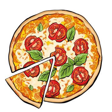 Clipart Style picture of pizza with tomatoes and basil on it.