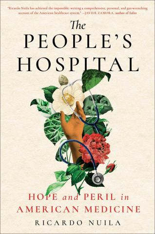 Image of the book cover featuring illustrated flowers and camoflauged in the leaves images of human anatomy, a baby's face, human hands and a stethoscope.