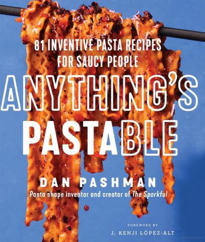 Image of the book cover featuring pasta covered with sauce hanging from a spoon.