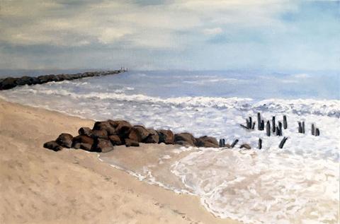 Painting of a beach scene with a rock jetty extending into the water.