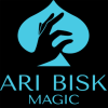 Silhouette of a hand over a blue spade with blue text underneath reading "ARI BISK MAGIC"