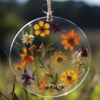 A suncatcher hanging, with pressed flowers within it.
