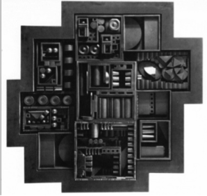 Louise Nevelson's art, a black geometric sculpture.