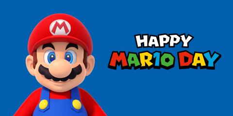 Mar10 Day image on a blue background with Mario from Super Mario Bros on the left side.