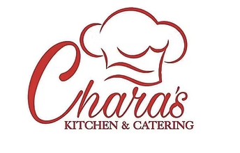 Chara's Kitchen & Catering Logo. Clip art picture of a red chef's cap with the business name spelled out in red letters below.