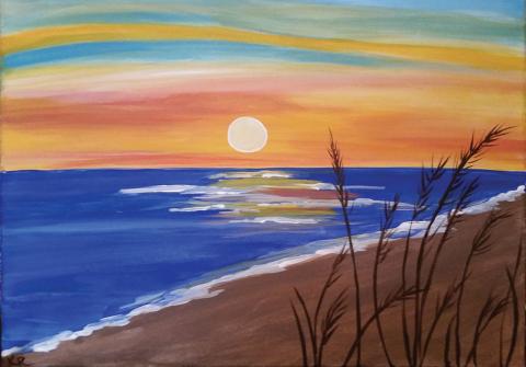 Image of a painted canvas featuring a beach shore line at sunset. 