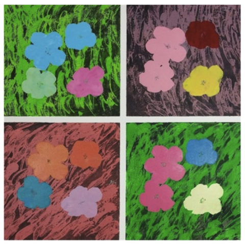 Warhol's work, which is four squares with 4 different colored flowers in each.