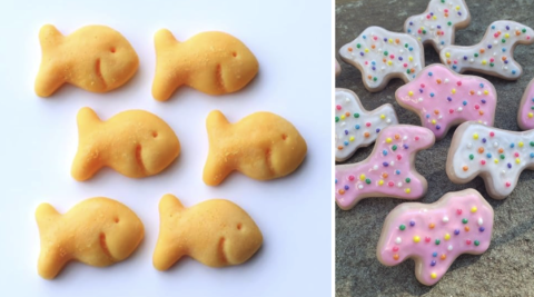 6 clay goldfish crackers on the left, and pink and white animal cracker magnets on the right.