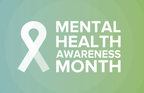 Mental Health Awareness Month graphic with a white ribbon on the side, white text, over a green background.