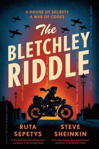 Cover of The Bletchley Riddle, which is a red and blue book cover showing a silhouette of a motorcyclist in the center with planes and birds behind.