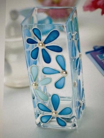 Image of a clear rectangular vase with blue painted flowers and beads