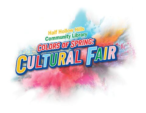 Image with bright tie-dyed type colors with the words Half Hollow Hills Community Library Colors of Spring Cultural Fair.