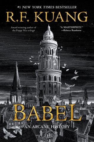 Image of the book cover featuring a black and white drawing of a city with a large tower.