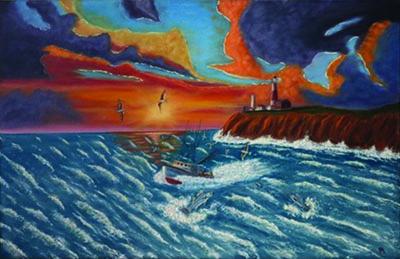 Canvas painting featuring an image of a boat at sea with turbulent water at sunset with a lighthouse on a jetty
